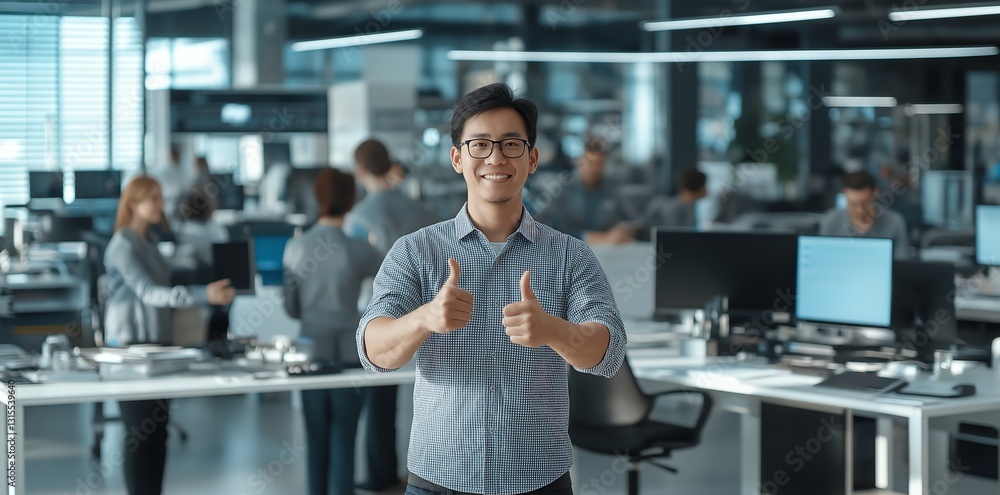 Poster a cheerful man gives a thumbs up in a modern office setting, showcasing a positive work environment 