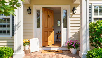 Welcoming front door with mat and flowers, housewarming invitation