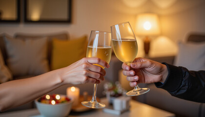 Couple toasting with champagne glasses in cozy living room, celebration