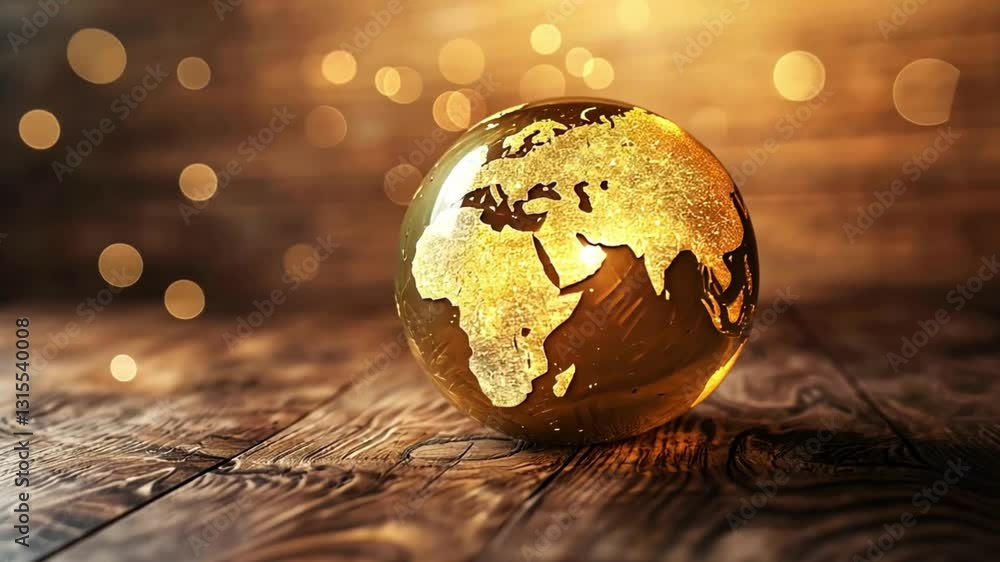 Poster glowing golden globe wooden surface symbolizing global connection and unity with warm bokeh lights b