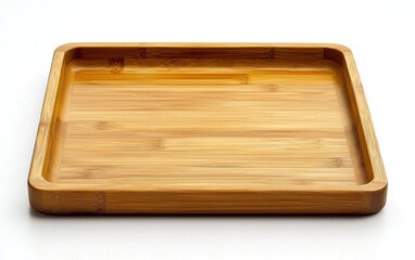 Square wooden tray on white background.  Light brown bamboo tray, perfect for serving or displaying items. Simple and clean design