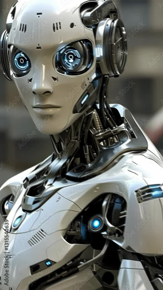 Poster advanced humanoid robot stands in an urban setting showcasing intricate design and futuristic techno