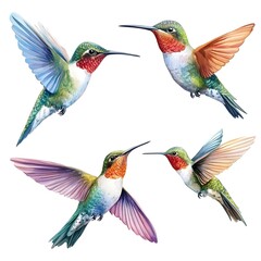 Obraz premium Trio of hummingbirds in flight captured in exquisite watercolor illustrations showcasing their graceful movements