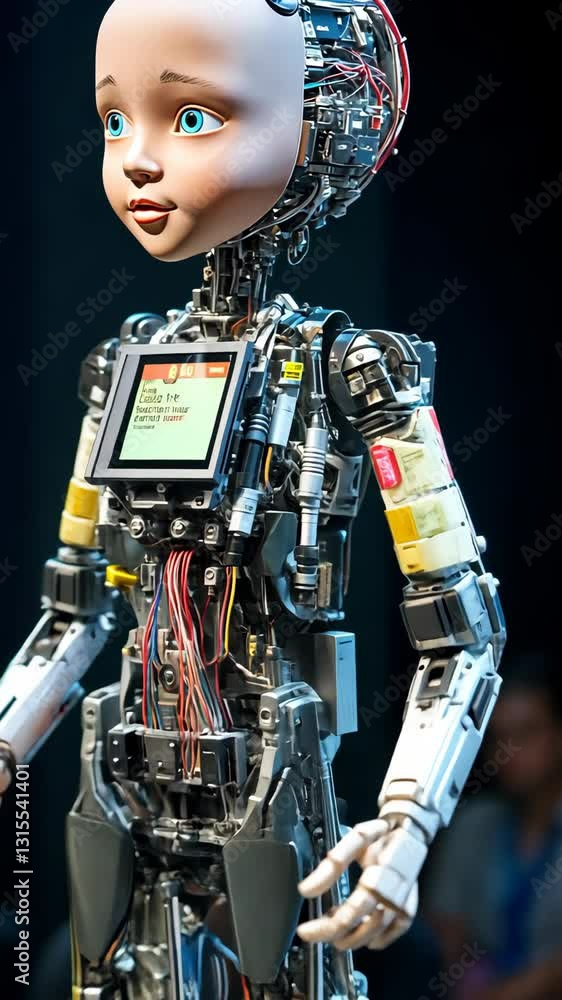 Poster modern humanoid robot showcases advanced technology and design at tech exhibition in a busy urban se