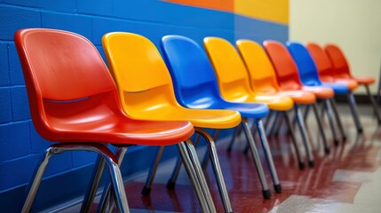 Fototapeta premium Colorful Plastic Chairs in a Row Against a Bright Wall