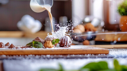 A dynamic splash of cream falling into rich chocolate syrup, capturing the essence of indulgent desserts and creativity.