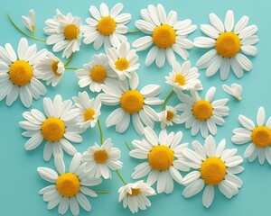 A photorealistic image of white daisies with yellow centers on a soft turquoise background, creating a serene atmosphere.