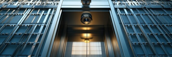 Fototapeta premium Secure bank entrance featuring a security camera and polished metals in bright daylight with ample space for text design