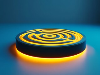 A labyrinth maze with a glowing yellow path on a blue background suggesting a concept of problem solving 3D Rendering