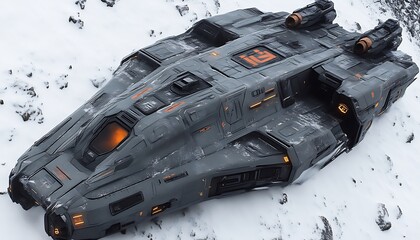 A futuristic spacecraft resting on snowy mountainous landscape terrain