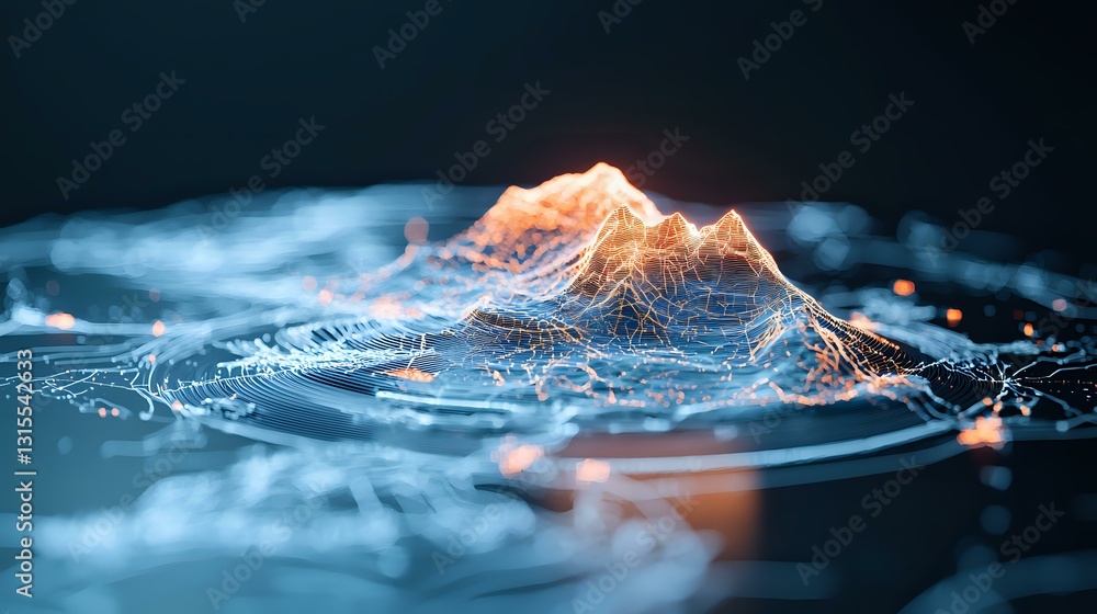 Poster glowing orange mountain peak emerging from rippling blue water surface with abstract wave patterns a