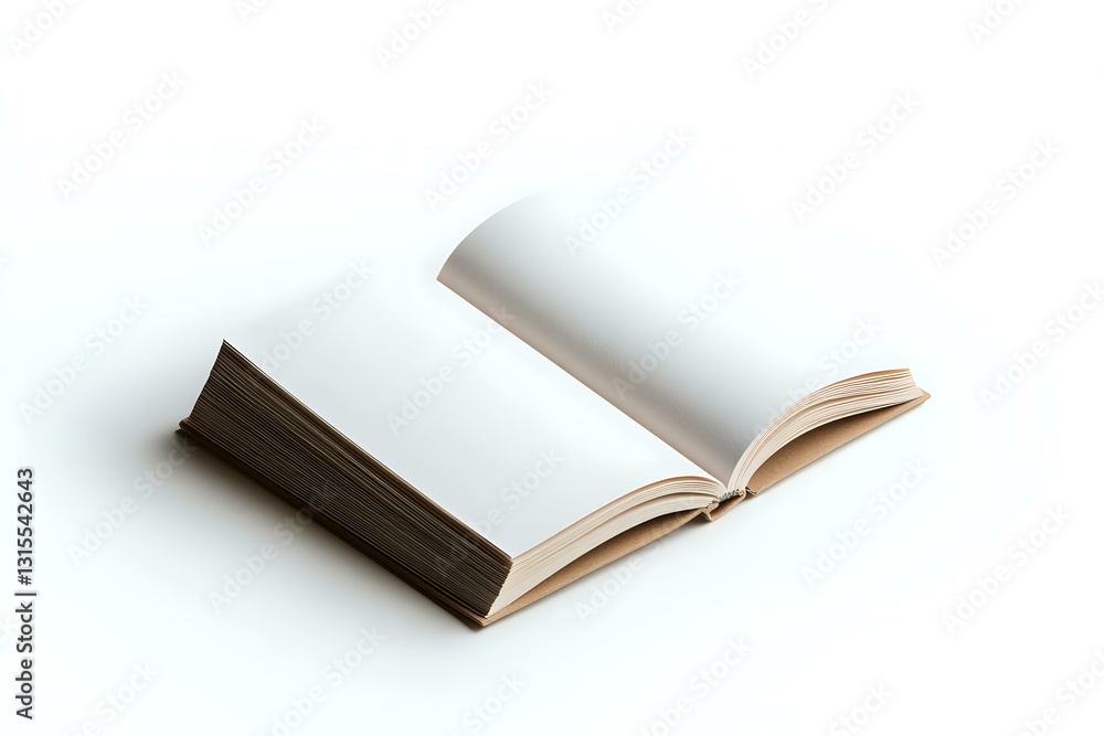 Poster open blank book with white pages on white background, minimalist composition showing empty pages rea