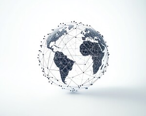 A stylized wireframe globe with abstract lines on a white background, depicting global connectivity