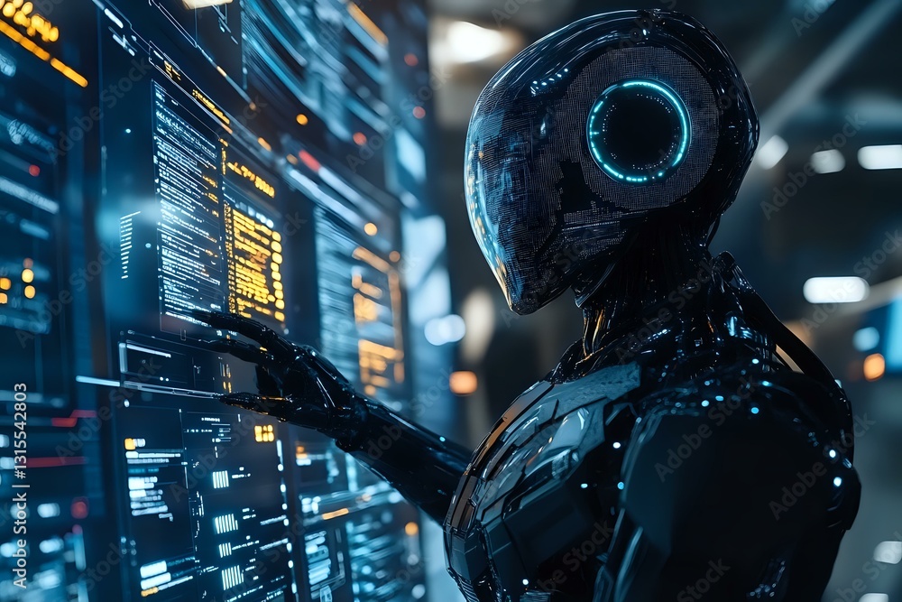 Poster futuristic robot analyzing digital data on transparent screens in dark environment with blue technol