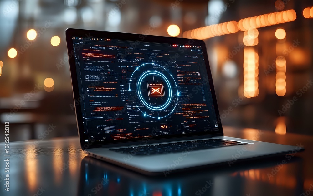 Poster laptop screen displaying futuristic cybersecurity interface with glowing circular design and code el