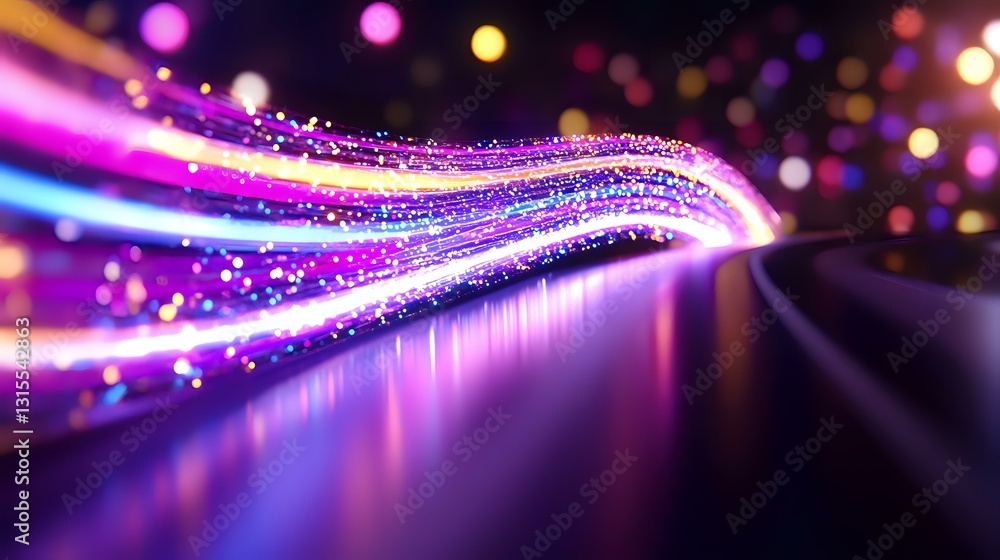 Poster glowing neon light trails with sparkles and bokeh effects create dynamic motion streaks against dark