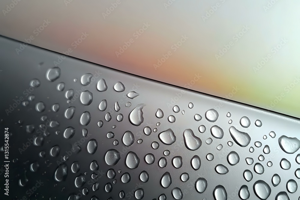 Aufkleber water drops on dark metallic surface against blurred colorful background, creating natural abstract 