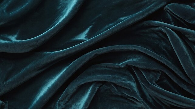 A Deep Teal Velvet Fabric Background. Luxurious Deep Teal Crushed Velvet Fabric with Elegant Folds Background. Soft Velour Textile Texture.