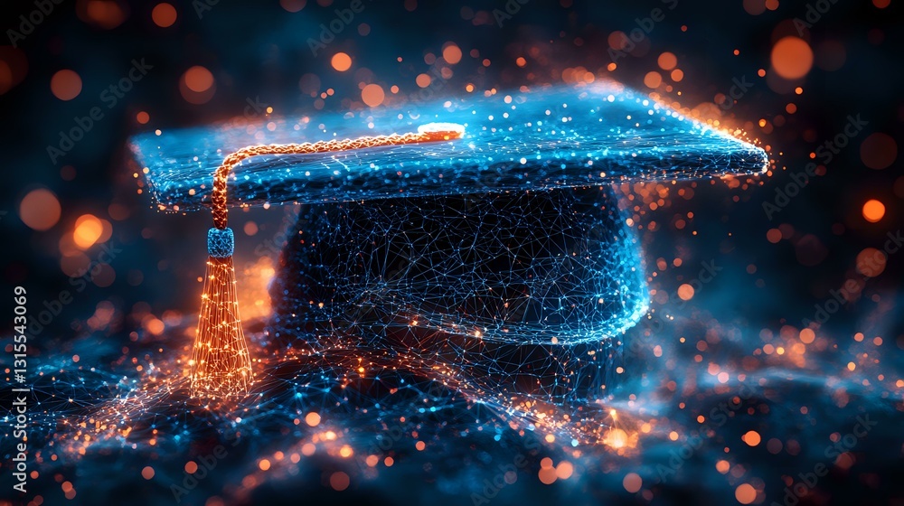 Poster glowing graduation cap with magical particles and bokeh lights floating in dark space, creating ethe