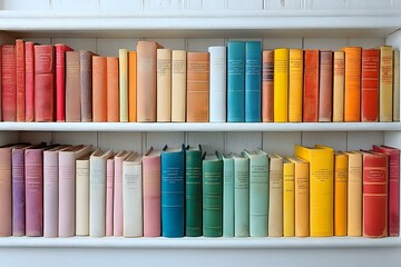 Fototapeta premium Colorful vintage books arranged in rainbow order on white wooden shelves, creating an aesthetically pleasing gradient from red through yellow, perfect for library decor.