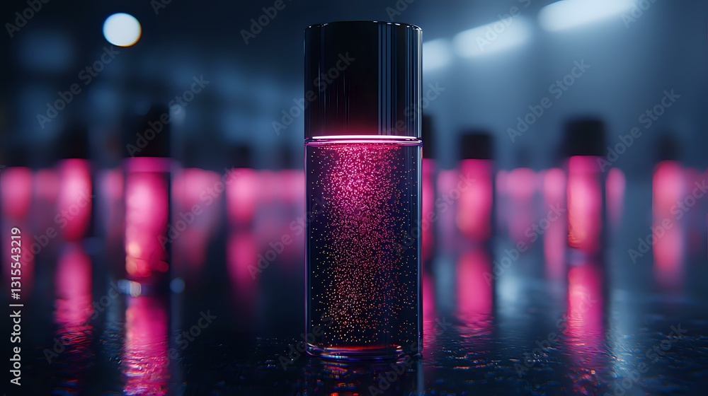 Poster glowing pink liquid in glass bottle with sparkling particles against dark background, mysterious lab