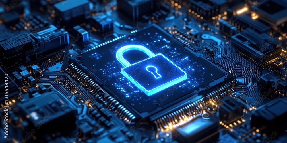 Poster high-tech security symbol on microchip background signifying data protection and cybersecurity in di