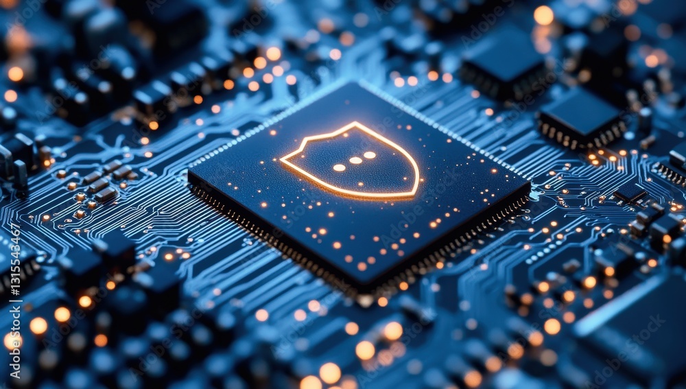 Poster high-tech microchip with shield symbol representing cybersecurity and digital protection on circuit 