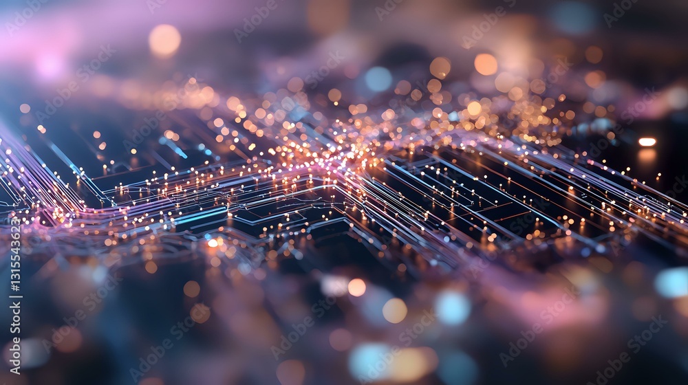 Poster glowing circuit board pattern with orange and blue bokeh lights creating futuristic technology netwo