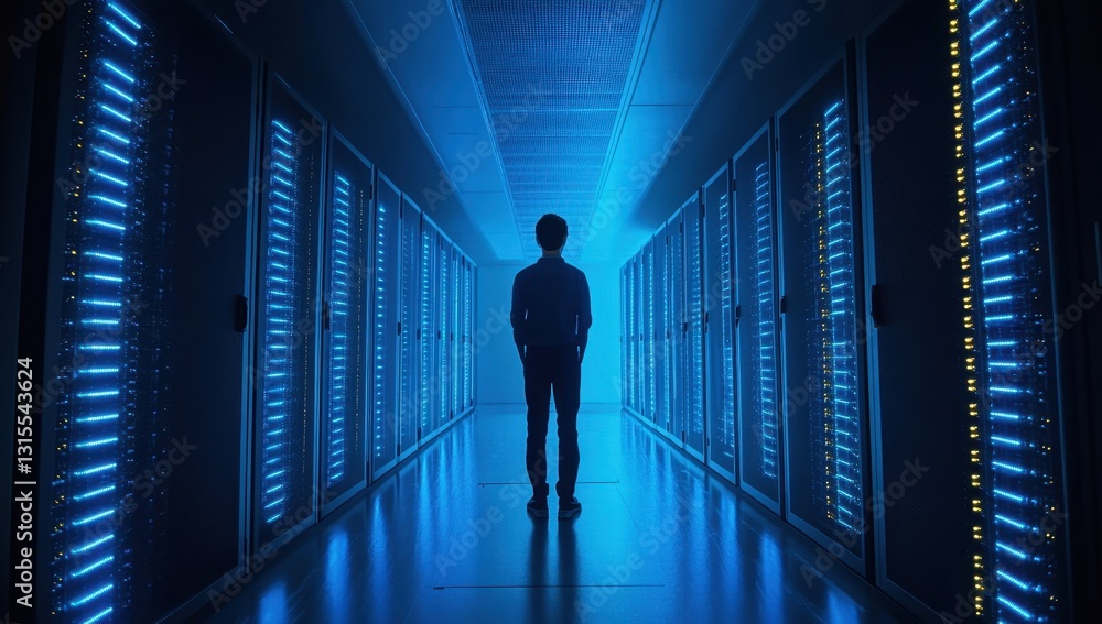 Poster individual standing in a data center surrounded by rows of glowing server racks illuminated by blue 