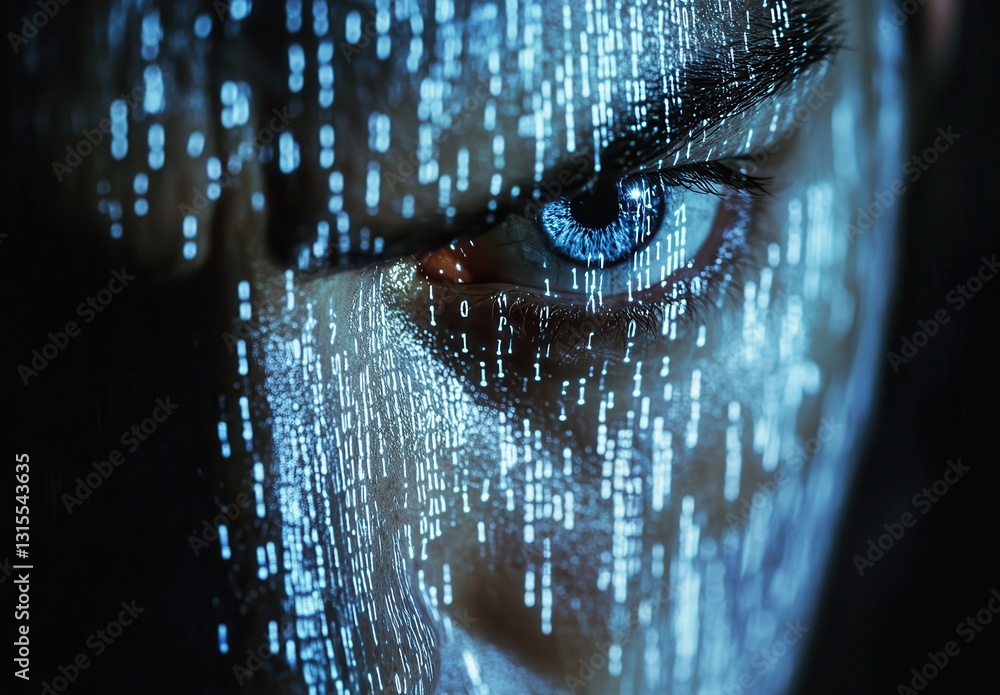 Poster intense close-up of a human eye with binary code overlay representing technology, data, and digital 