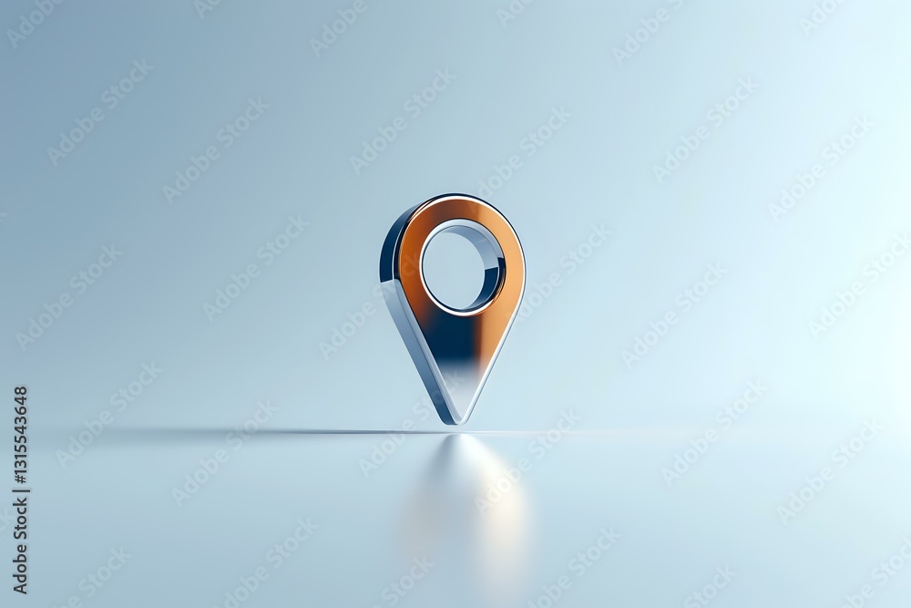 Poster minimalist location pin marker in orange and blue on light background with soft shadow and reflectio