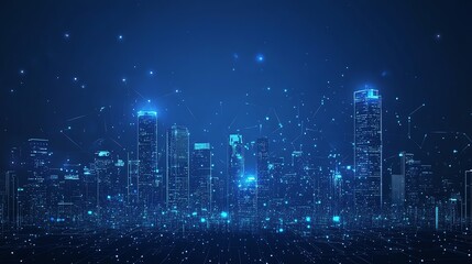 Fototapeta premium Abstract bokeh lights with a cityscape silhouette, digital art style, on a dark blue background, concept of urban nightlife Generative AI
