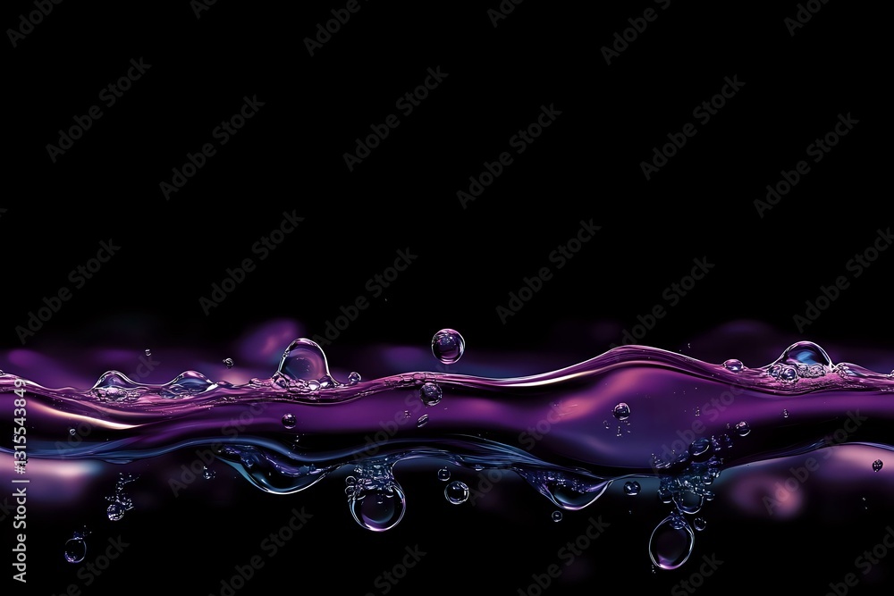 Aufkleber vibrant purple and blue liquid wave with floating water drops and bubbles against black background, 