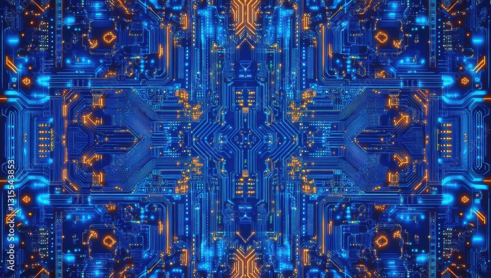 Aufkleber intricate abstract digital circuitry design with blue and orange lights and patterns for technology,