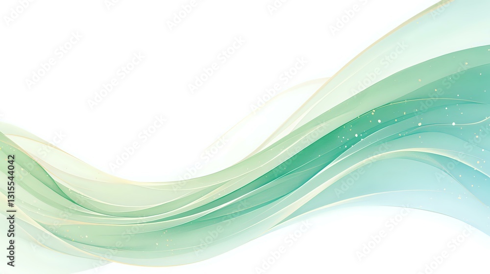 Poster flowing mint green and turquoise waves create soft ethereal curves with scattered light particles on