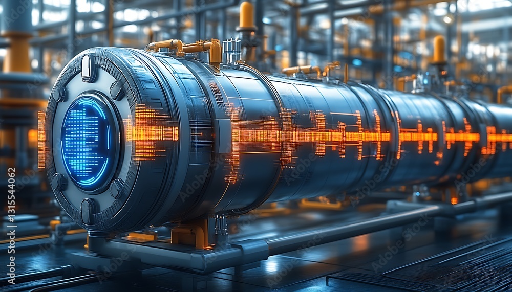 Poster a futuristic industrial pipeline with digital data flowing through it