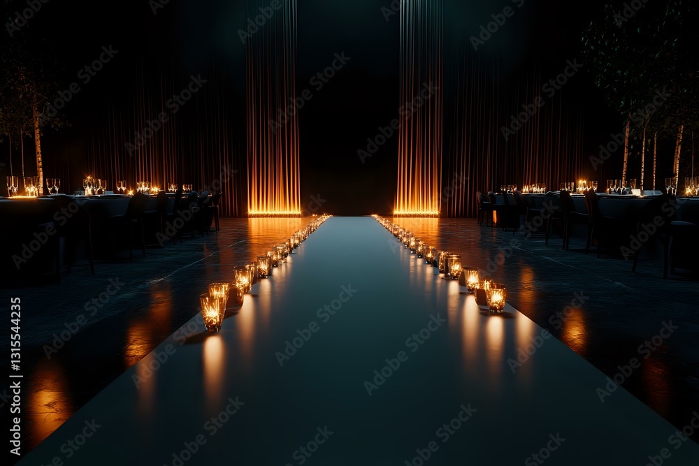 Poster mystical pathway illuminated by glowing candles along water reflection at night, creating dramatic a