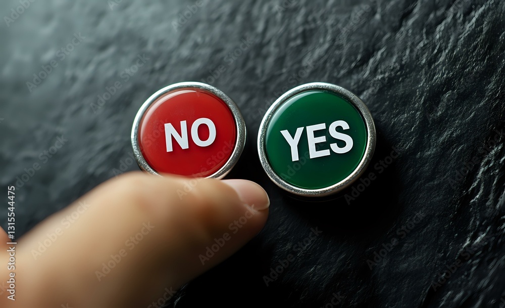 Poster finger pointing at red no and green yes buttons on dark textured background, representing choice, de