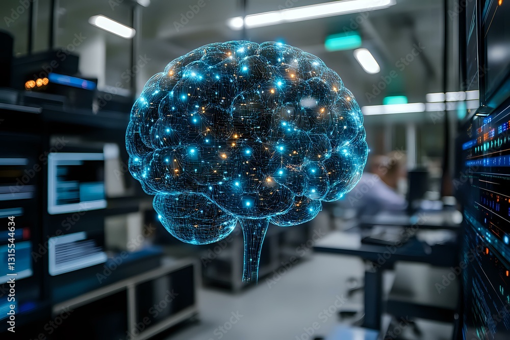 Poster glowing digital brain visualization with blue neural network connections floating in modern technolo