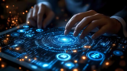 Obraz premium Hands interacting with futuristic digital interface displaying glowing blue circles and technology symbols on dark background with light particles and bokeh effects.