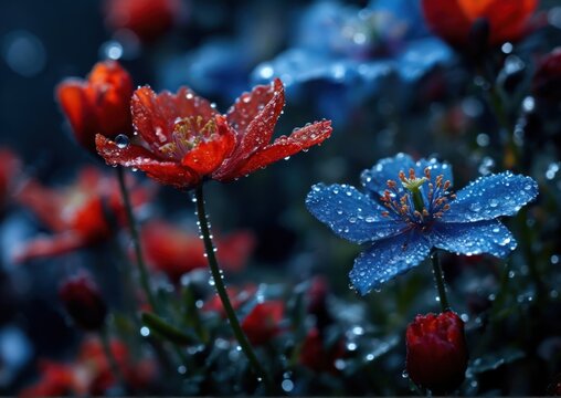 Striking Blue and Red Poppy Flowers Macro with Dew Drops. Excellent for spring and summer themed campaigns, nature and gardening publications, artistic projects, home decor, eco-conscious themes
