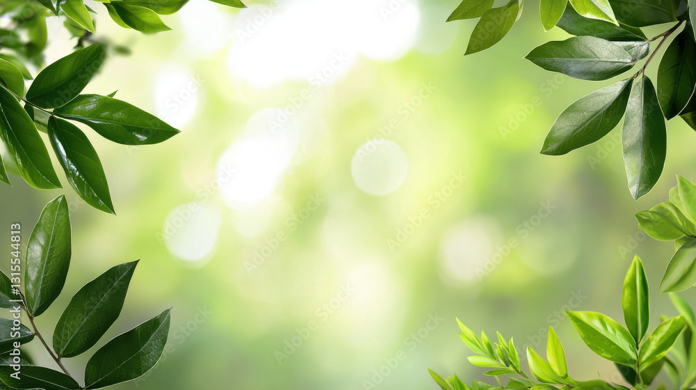 Poster lush green leaves frame serene background with soft bokeh effects, creating tranquil atmosphere
