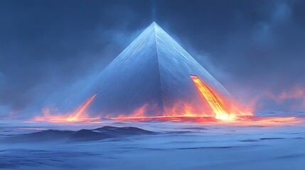 A glowing pyramid with fiery elements standing in a landscape