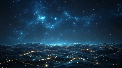 Mystical night landscape with glowing city lights in mountain valley under starry sky and bright blue nebula. Atmospheric panoramic scenery for fantasy backgrounds.