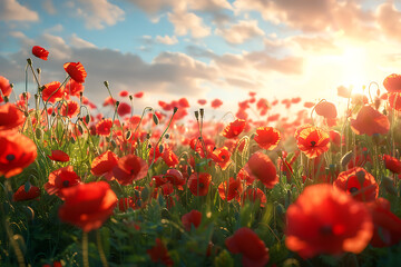 Obraz premium memorial day celebration, flags proudly waving, red poppy wreaths, and solemn remembrance under the warm memorial day sun