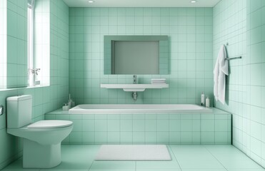 Modern and Elegant Bathroom Design with Mint Green Tiles, Chic Bathtub, Minimalist Sink and Soft Lighting for Relaxing Ambiance