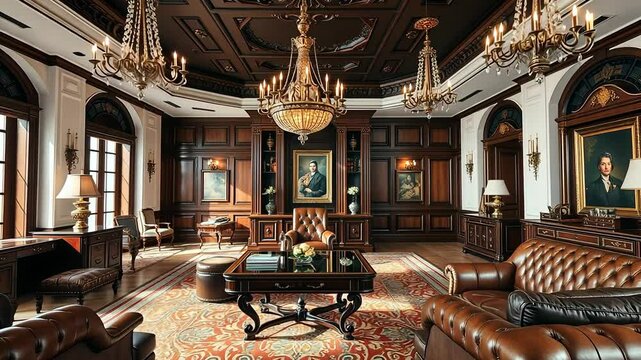 Elaborate Dark Wood Office Interior with Ornate Chandeliers Leather Furniture and Classic Design Elements for Adobe Stock Photo