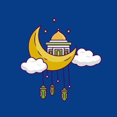 Poster for ramadan kareem celebration with mosque elements, crescent moon, hanging lanterns, stars in night atmosphere. Designed in simple flat cartoon style. Religious concept vector illustration.