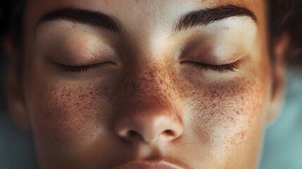 Fototapeta premium Realistic close-up of a person’s face with a calm expression as they practice deep breathing exercises, natural light