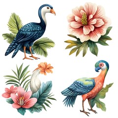 Four vibrant tropical birds displaying bright colors and unique features in a lush and lively natural environment